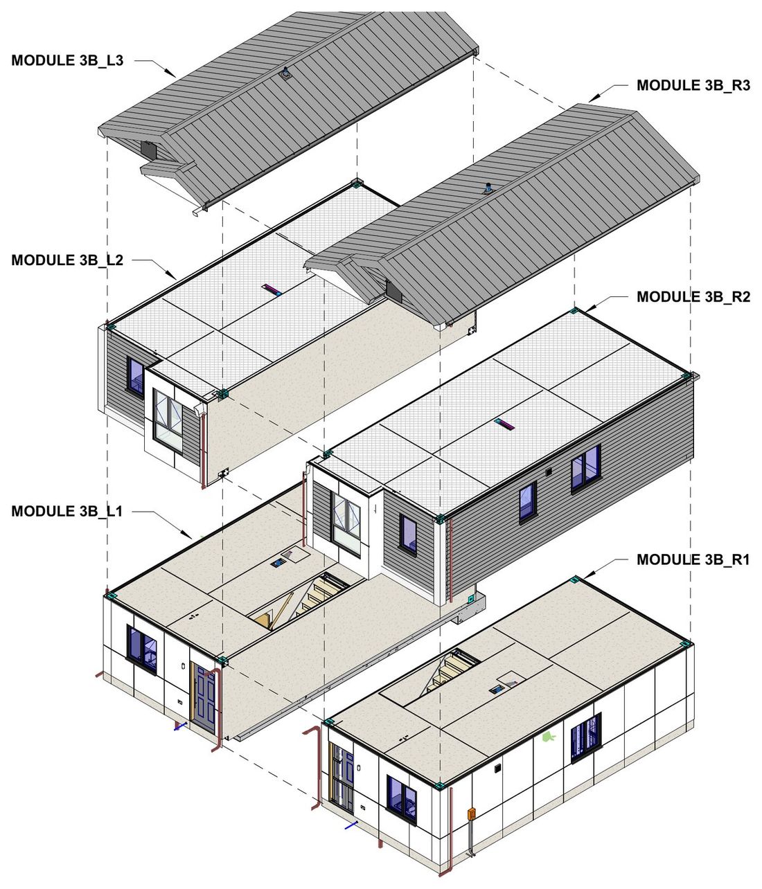 Exploded drawing of a 3 bed house showing four floor modules and two roof modules stacked